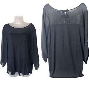 Zenobia Long Sleeve Mesh Trim Bow Back Top Blouse Black 2XL Office Whimsigoth